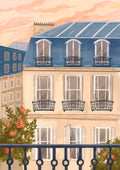 Illustration of a Parisian townhouse with iron balconies, large windows, and flowers under a pastel sky.