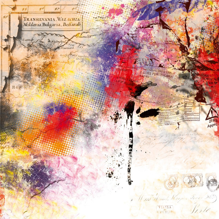 Transilvania by Dada - violet and red ink blooming over an eighteenth-century engraved map of the Balkans