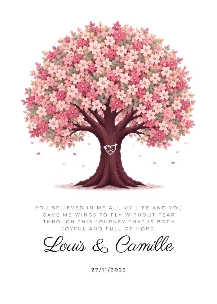 Personalised blossom tree poster with initials carved into the trunk, your message, names and date