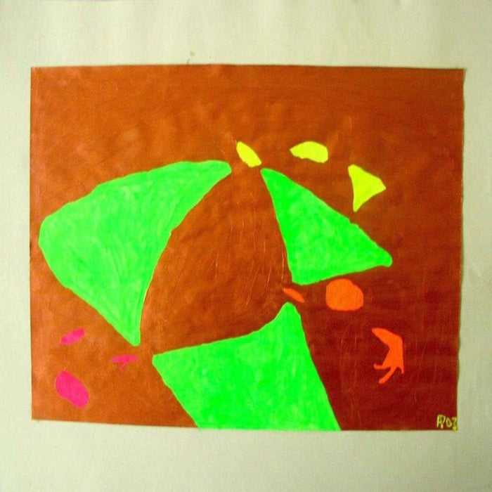Triangles by rainbowuniverse - neon green triangles fanning out on a rust-brown ground with small yellow, orange and pink shapes