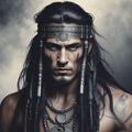 Tribal Eclipse by Devour Art - a man in an engraved silver headband and beaded necklaces against smoke