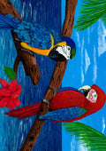 Tropical life by KG Studio - a blue-and-gold and a scarlet macaw on a branch above bright blue sea