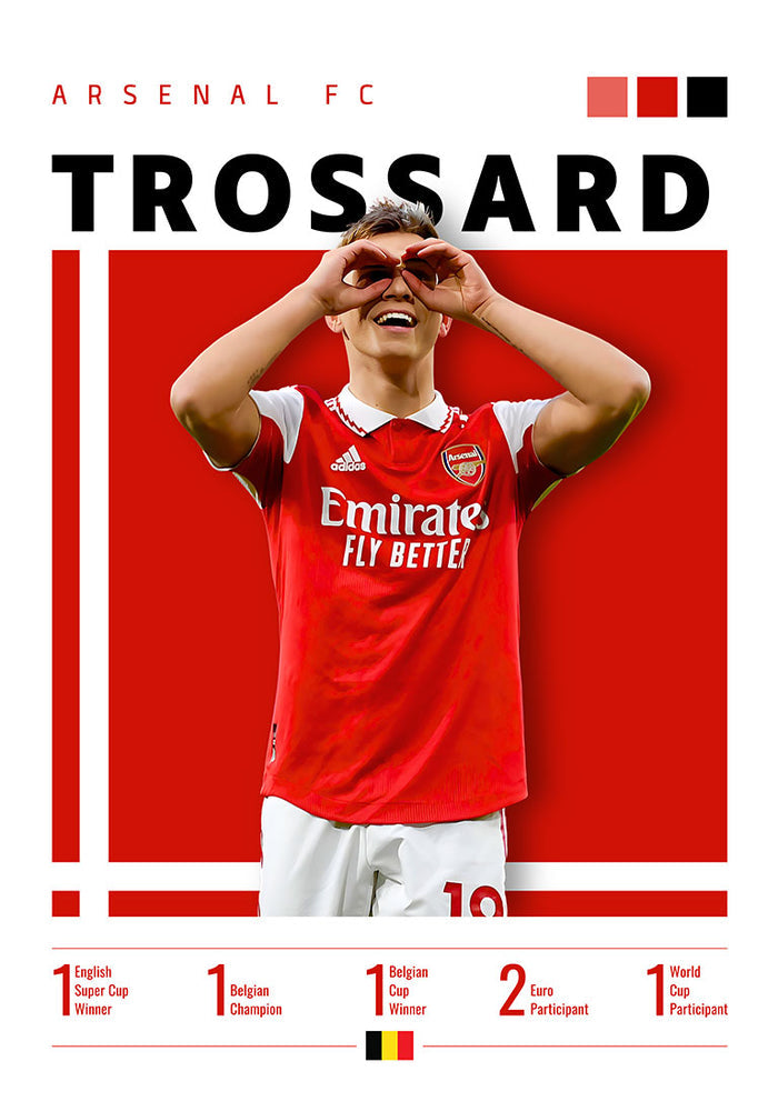 Poster of Trossard in an Arsenal kit celebrating, with club and career achievements listed below.