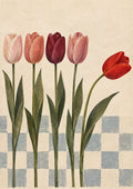 Tulip on Strike by Matthews Gallerie — four tulips in a neat row and one red tulip bending away from the line