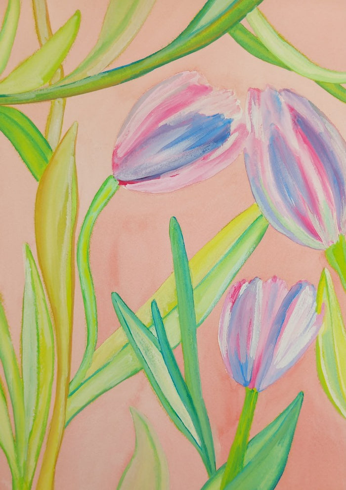 Tulipani viola by Maria Emanuela Fiori - three pink and violet streaked tulips on a pale apricot ground