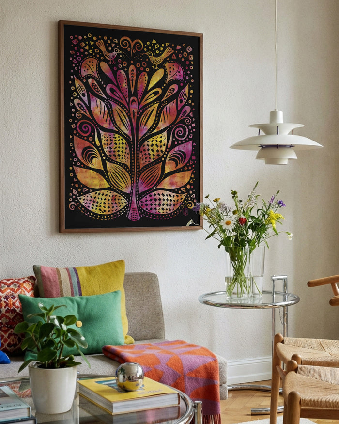 Turi Flower Vibe by Enikő Marosváry-Kramcsák framed in a bright living room