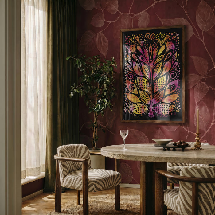 Turi Flower Vibe by Enikő Marosváry-Kramcsák framed on a deep red patterned wall