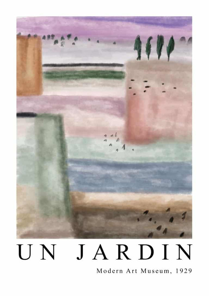 Abstract watercolor landscape with pastel blocks and trees, inspired by Paul Klee. Text reads: "UN JARDIN."