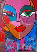 Unbothered by Naïve Art by YLR - a cubist face in pink, teal and orange above turquoise music notes