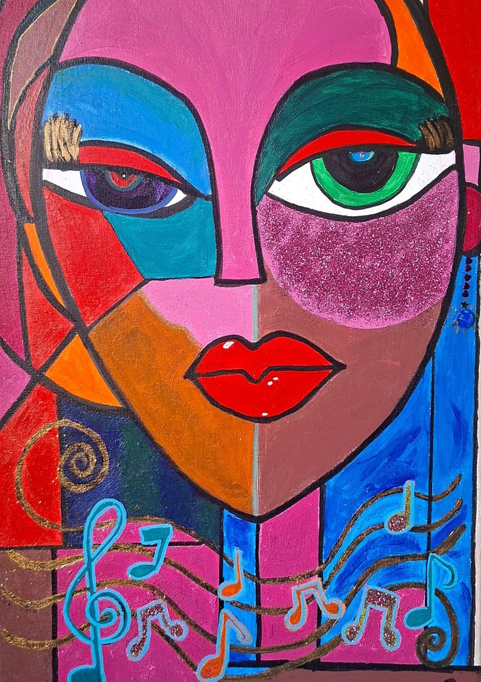 Unbothered by Naïve Art by YLR - a cubist face in pink, teal and orange above turquoise music notes