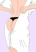 Un(dress) poster by Lisen Vennesland showing a white dress being pulled off against a lilac background