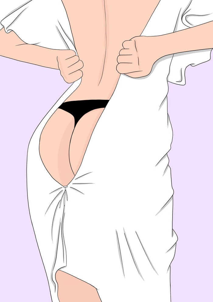 Un(dress) poster by Lisen Vennesland showing a white dress being pulled off against a lilac background