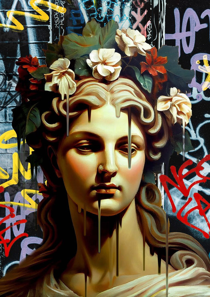 Vandal Pietà by Dikhotomy — flower-crowned classical bust dripping paint against a graffiti wall