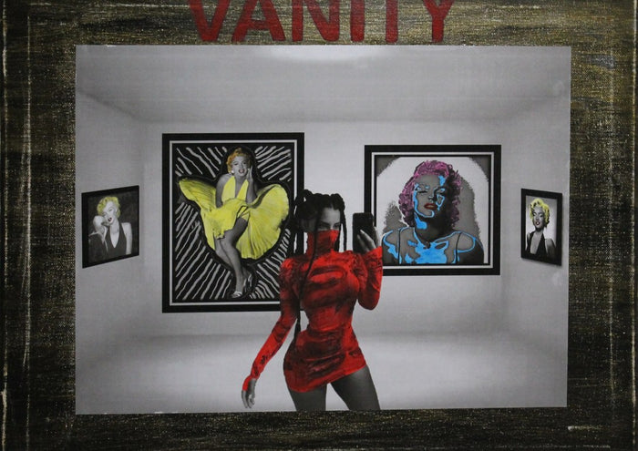 Vanity by Kaiser - a woman in a red dress taking a selfie in a gallery hung with Marilyn Monroe portraits