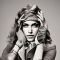 Velvet Mirage by Devour Art - a woman framing her face with her hands and a silk scarf in warm grey
