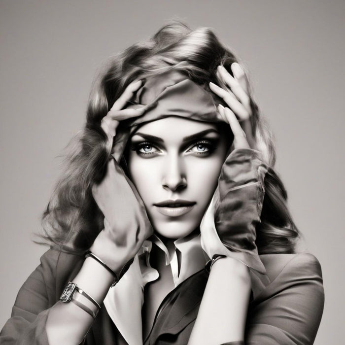 Velvet Mirage by Devour Art - a woman framing her face with her hands and a silk scarf in warm grey