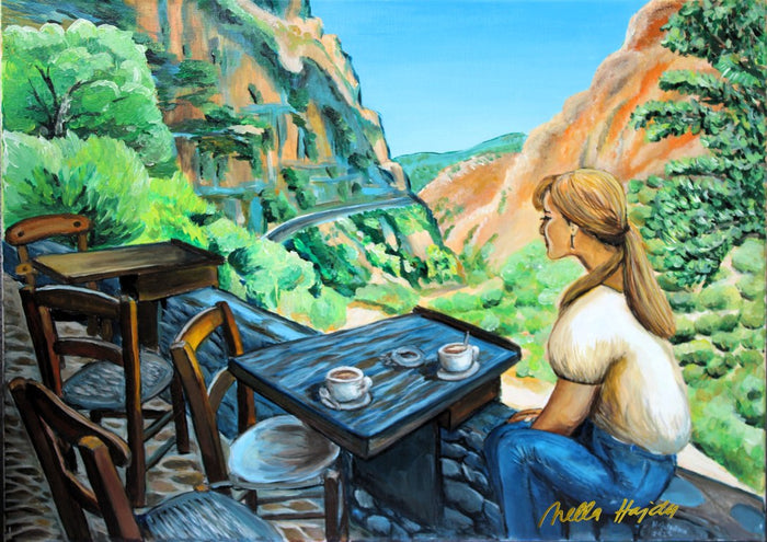 View from a Cretan Taverna by Nella Hajdu - woman with coffee at a taverna table overlooking a gorge