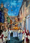 Village Festa by Mariam De Giorgio — a feast procession with a gilded Madonna statue and festoon lights in a narrow street at dusk.