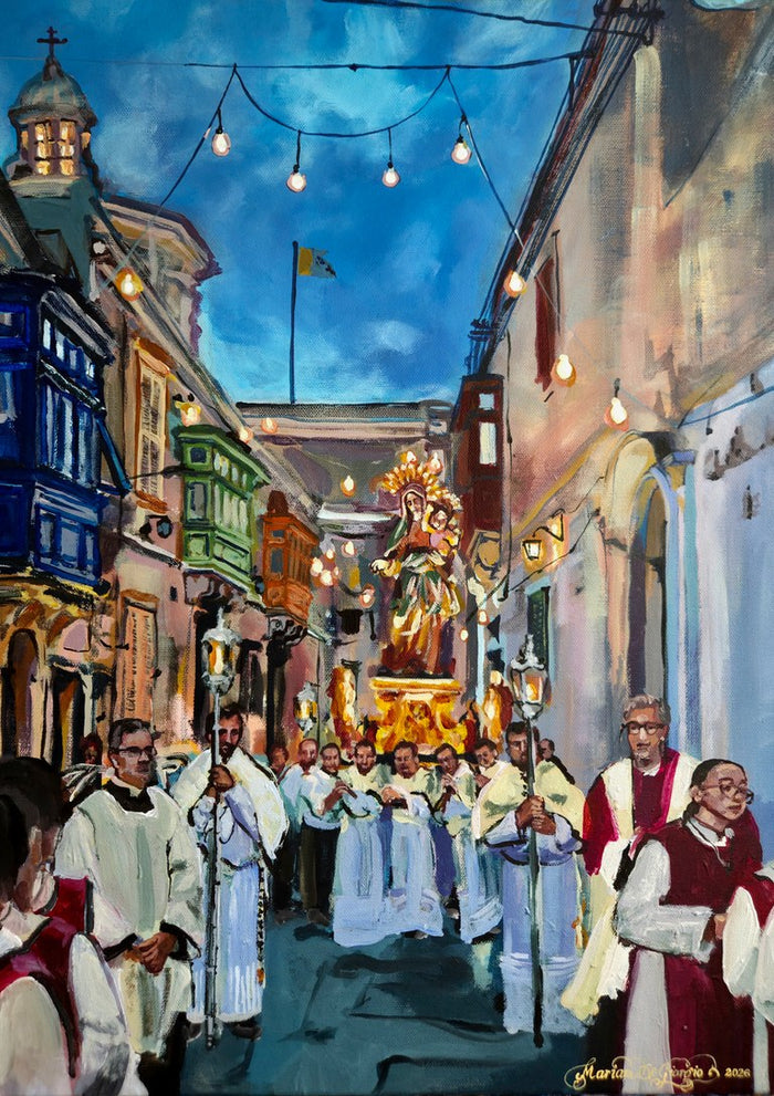Village Festa by Mariam De Giorgio — a feast procession with a gilded Madonna statue and festoon lights in a narrow street at dusk.