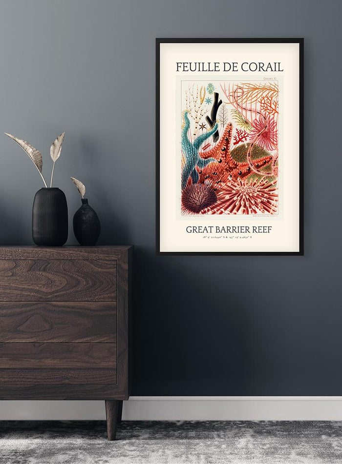 Framed vintage coral illustration with "Great Barrier Reef" text, displayed on a dark wall above a wooden dresser.