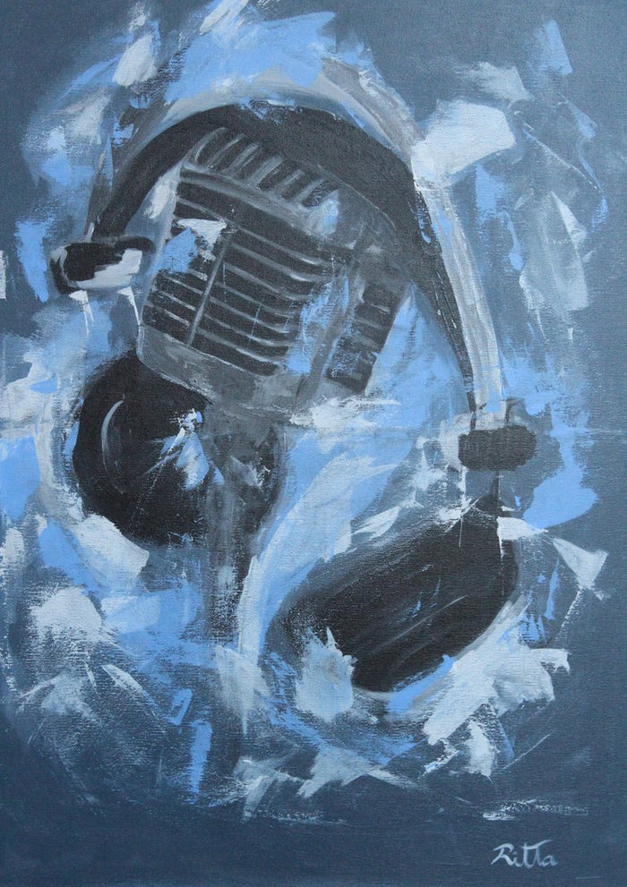 Vintage Microphone by Ritta Henriques Jorge - an old stage microphone in black and grey amid pale blue and white brushstrokes