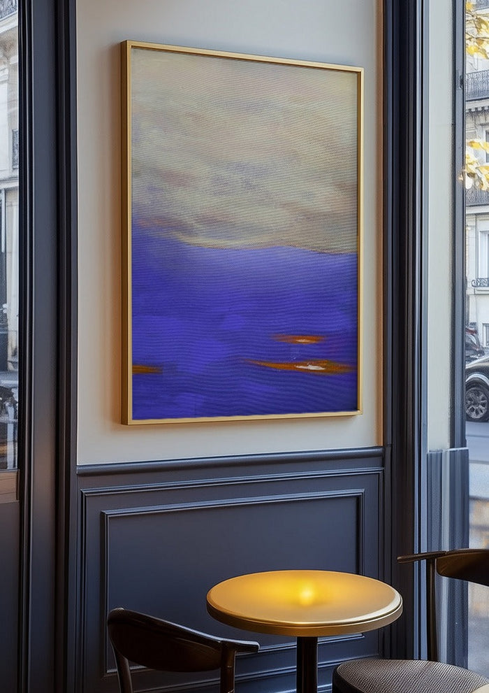 Violet Sea by Marina Agre in an oak frame on a panelled café wall