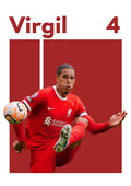 Poster of Virgil van Dijk in a red Liverpool kit, with "Virgil" and number 4 above him on a red background.