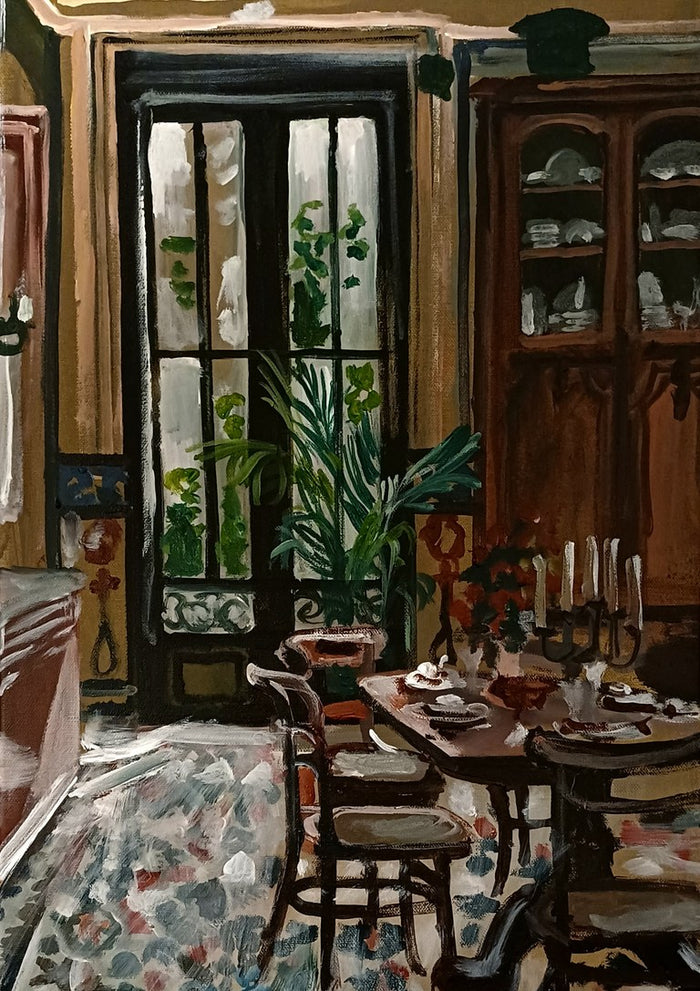 Vue de la cour depuis la salle à manger by Mariam De Giorgio - dining room with French doors, a set table and a china cabinet