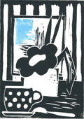 Was der Löffel nicht sah · What the Spoon Did Not See by ELIZA Leopold - black and white print of a polka-dot cup and spoon before a mirror