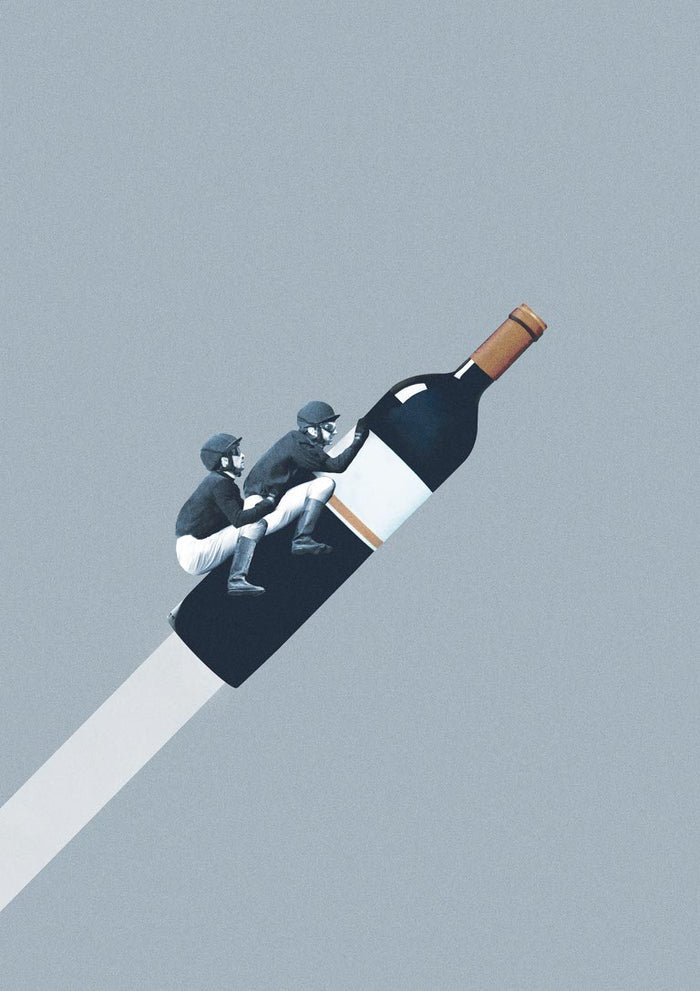 Two riders in jockey outfits ride a wine bottle like a horse against a plain background.