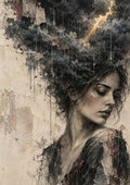 Weather Inside by Matthews Gallerie — a woman in profile whose hair dissolves into charcoal storm clouds with a break of gold light