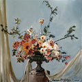 Wedding Arrangement by Mariam De Giorgio - cream roses and coral dahlias in a cast-iron urn on pale blue