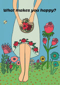 Folk illustration of a figure in a white embroidered dress holding an embroidery hoop in a flowering meadow under a blue sky.