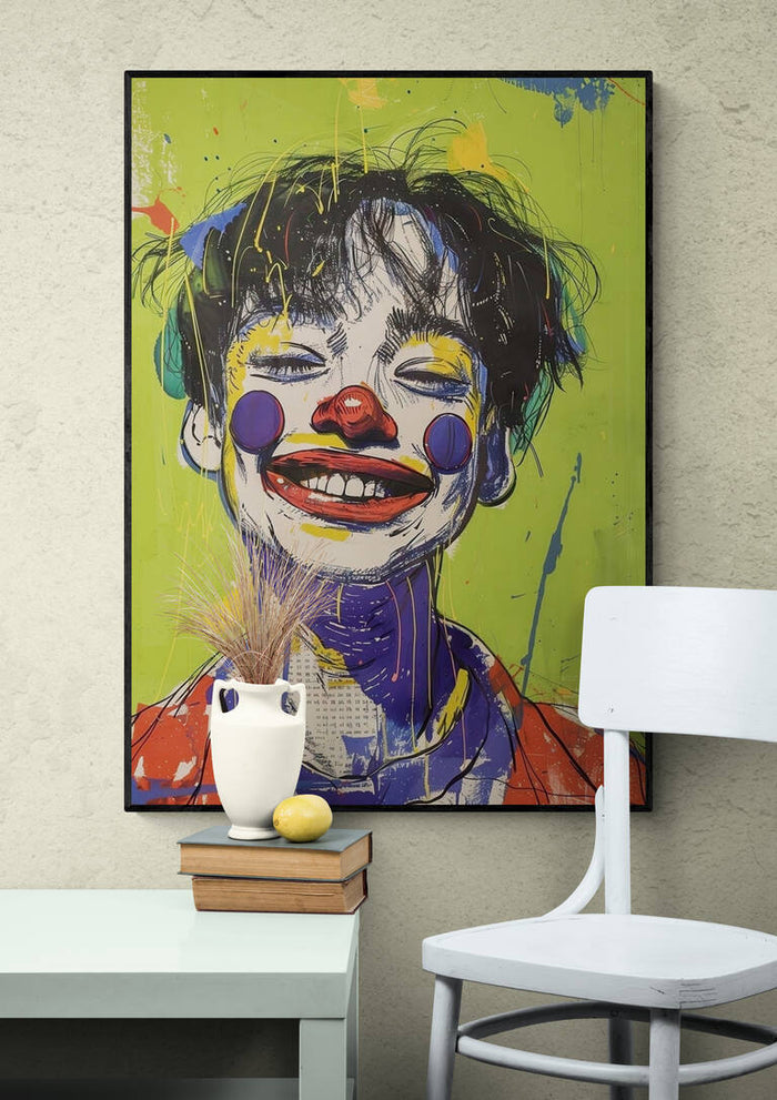Framed artwork of a smiling clown on a green background, featured on the Whatever You Want - Tara Green product page.