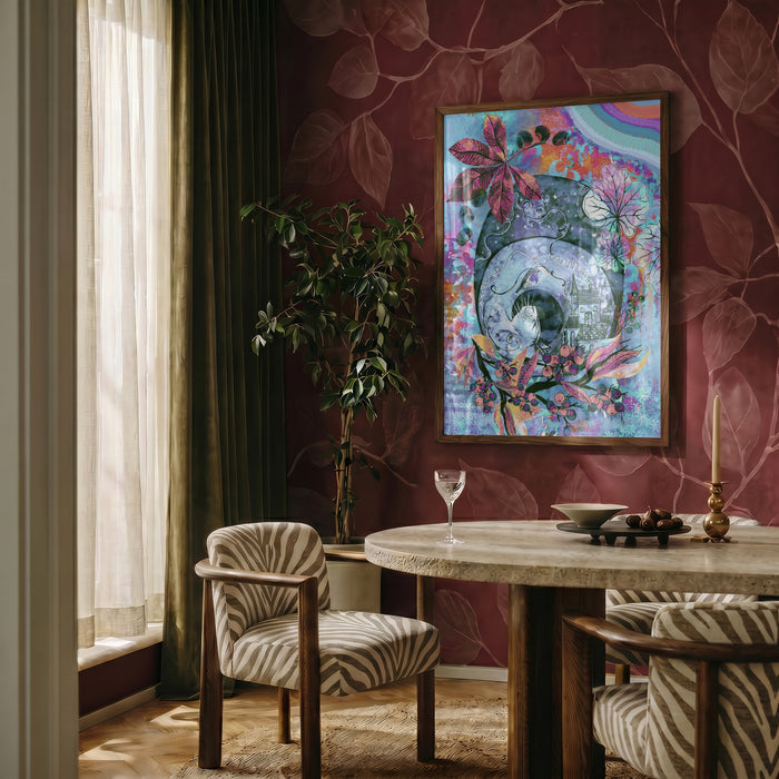 Where Dreams Return by Enikő Marosváry-Kramcsák framed on a deep red patterned wall