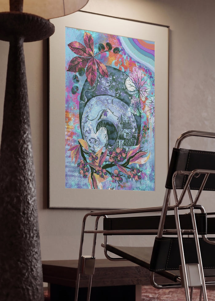 Where Dreams Return by Enikő Marosváry-Kramcsák in a mounted frame in a modern interior