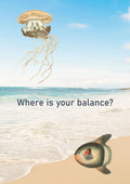Surrealist beach poster with a jellyfish floating in the sky and an engraved fish on the sand, captioned Where is your balance?