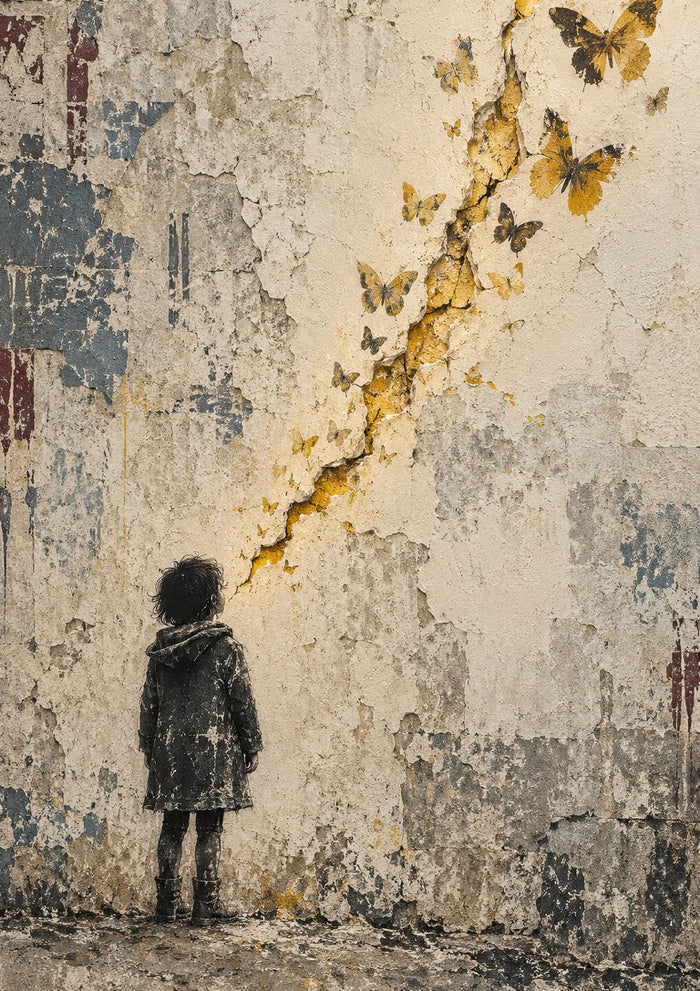 Where the Light Escapes by Matthews Gallerie — a child watching golden butterflies rise from a glowing crack in a concrete wall