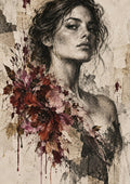 Wild at Heart by Matthews Gallerie — a charcoal portrait of a woman with burgundy and pink flowers across her shoulder