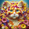 Wild Petals by Devour Art - a ginger cat's face assembled from marigolds and daisies on teal