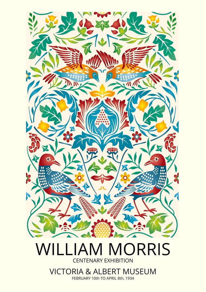 Colorful William Morris birds poster with ornate floral patterns and three stylized birds, vintage exhibition design.