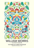Colorful William Morris birds poster with ornate floral patterns and three stylized birds, vintage exhibition design.