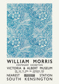 William Morris blue poster featuring floral pattern and exhibition details in vintage style.
