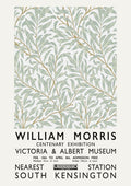 William Morris exhibition poster with leafy pattern, dates and location at Victoria & Albert Museum, South Kensington.