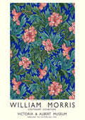 William Morris floral exhibition poster with pink flowers and green leaves on a blue background.