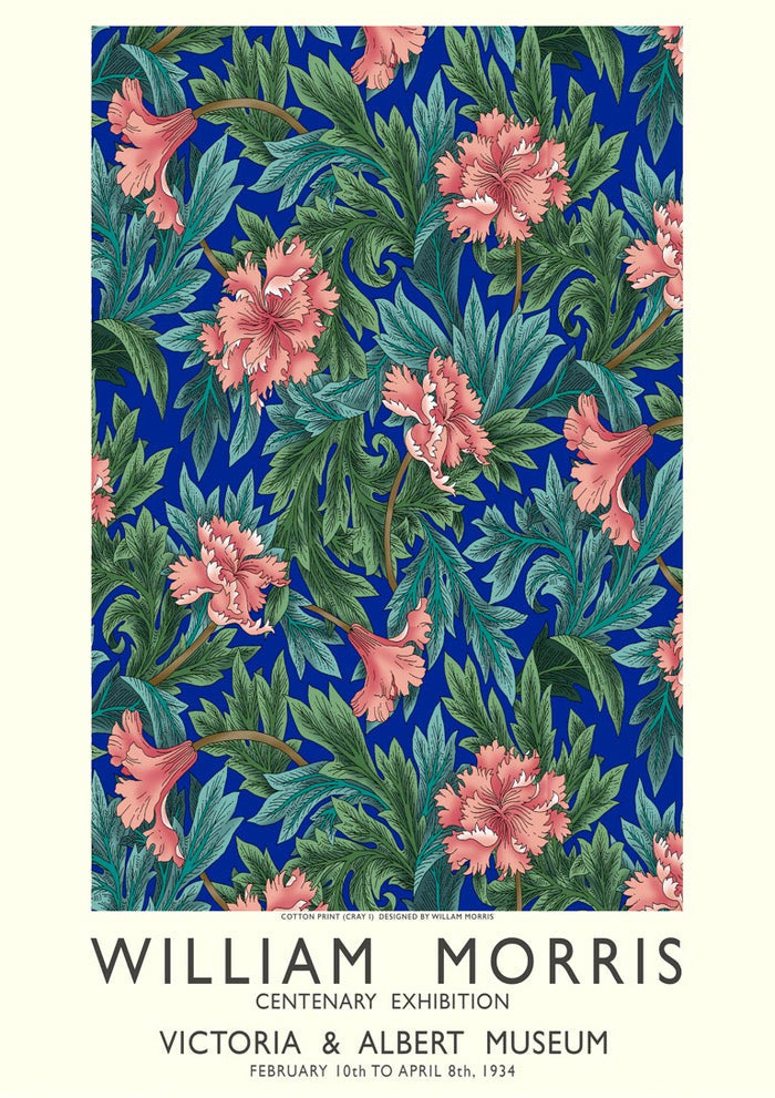William Morris floral exhibition poster with pink flowers and green leaves on a blue background.