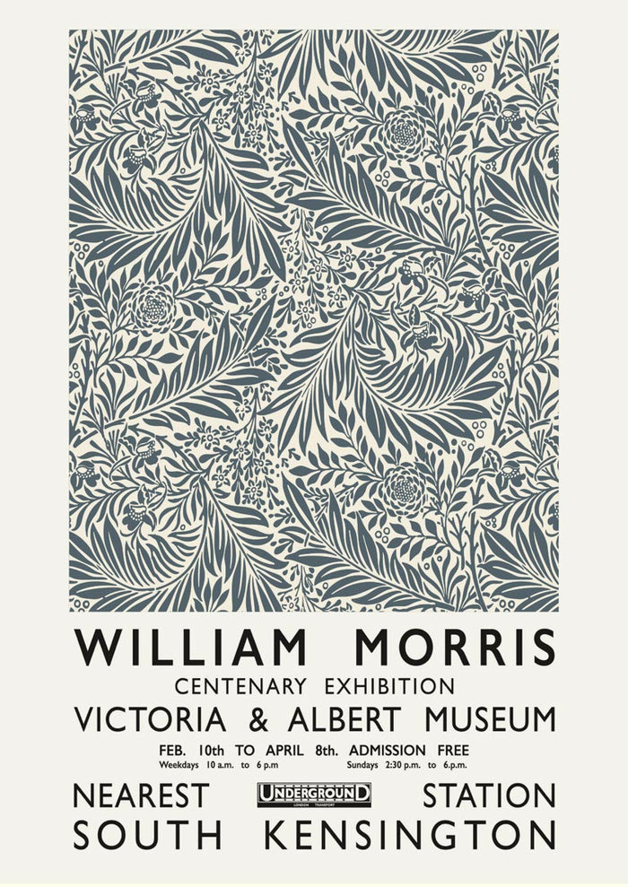 William Morris grey poster with intricate floral patterns, advertising a Victoria & Albert Museum exhibition.