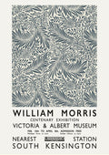 William Morris grey poster with intricate floral patterns, advertising a Victoria & Albert Museum exhibition.