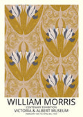 Poster featuring William Morris tulip pattern in gold and blue, with exhibition details at the Victoria & Albert Museum.