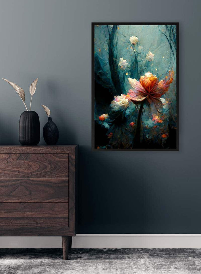 Framed print of Skovens Blomster 1 by Winnie Møller on a wall above a wooden dresser in a modern room.
